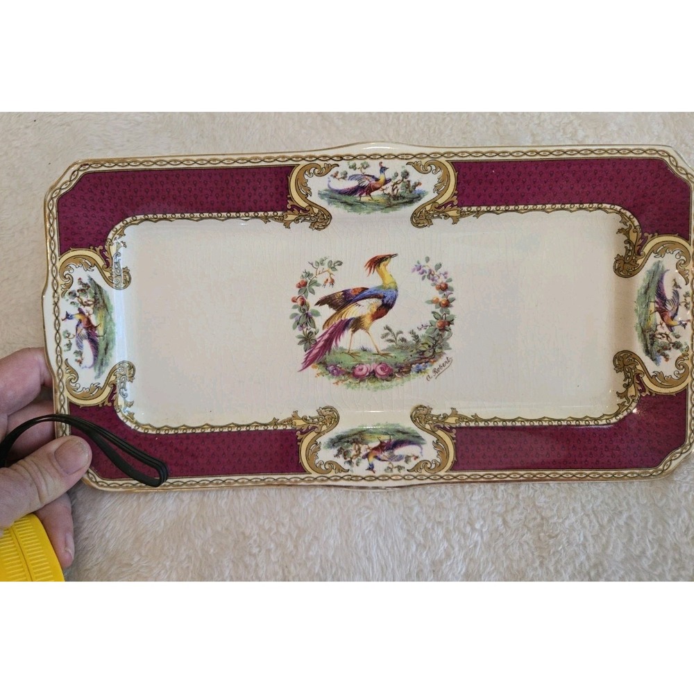 Myott Chelsea Bird Pheasant Loaf Plate Tray Staffordshire England Burgundy